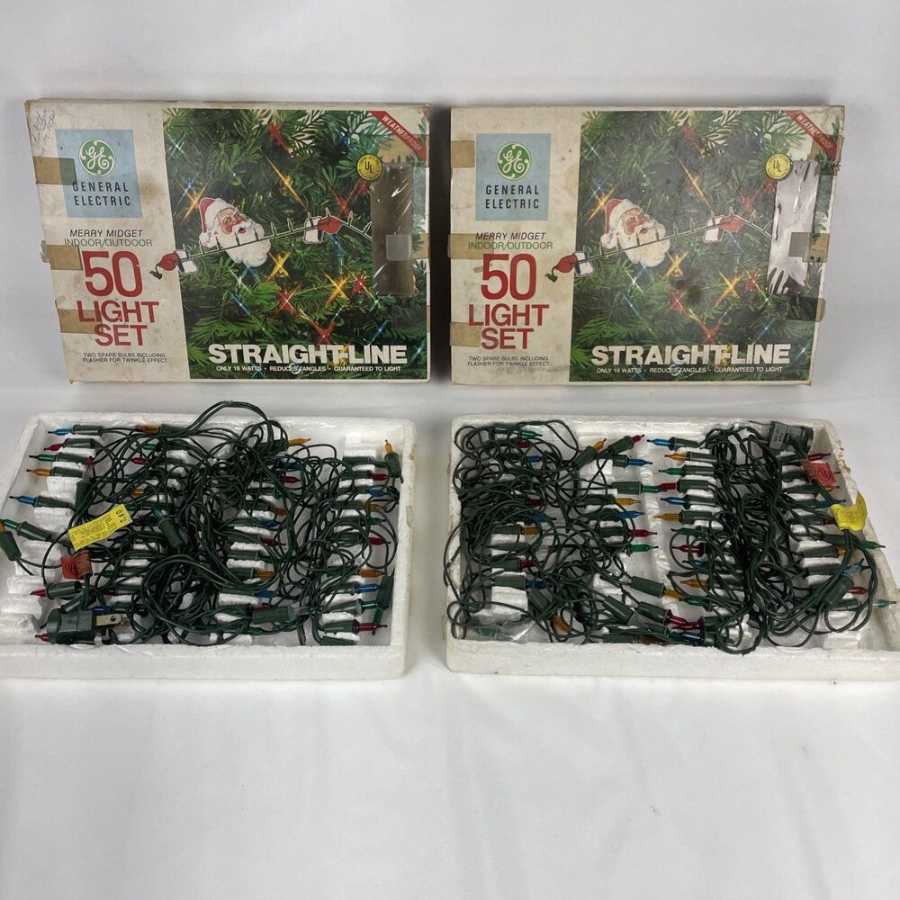 2 Vintage GE 50 Merry Midget Straight Line Christmas Lights in Box ~ 95% Working
